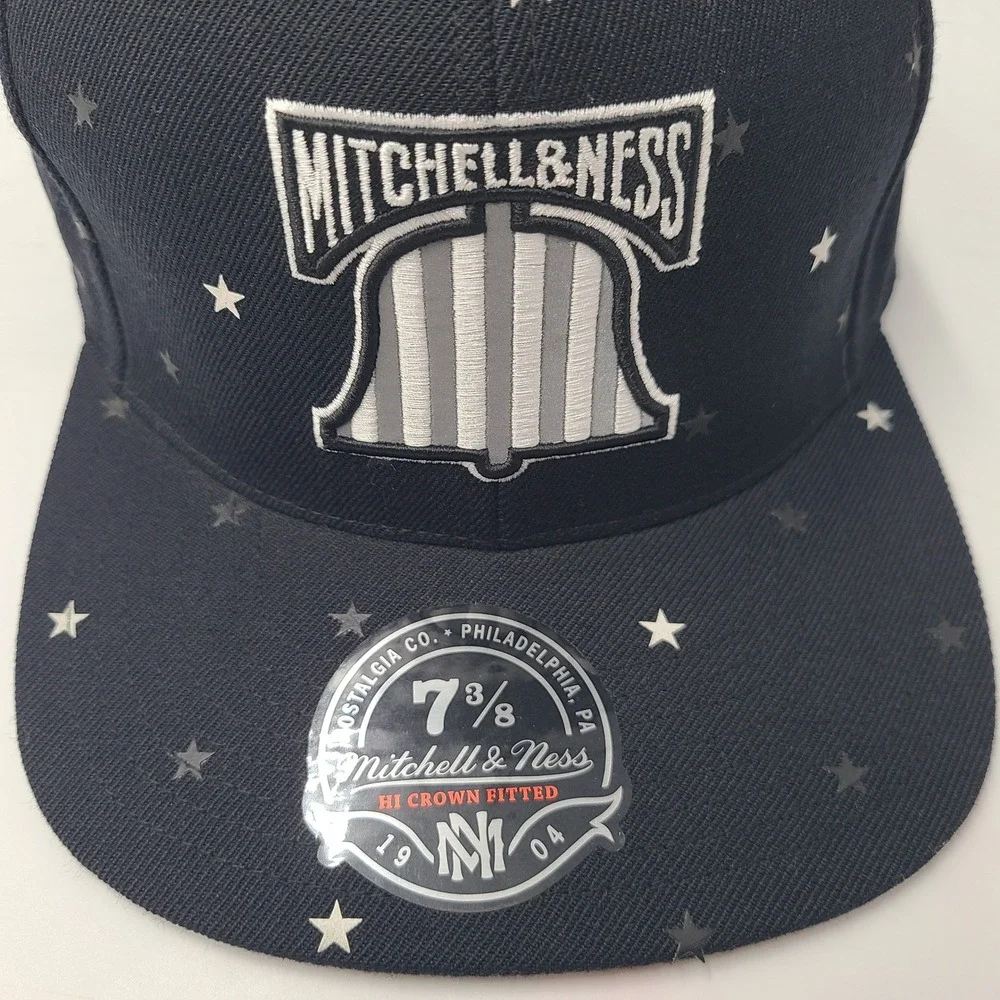 Mitchell & Ness Hat Fitted 7 3/8 Black Gray All‎ Over Print Stars Liberty Bell